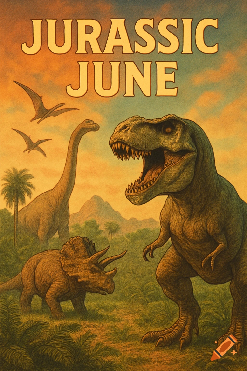 Illustrated poster with Jurassic June title, T-Rex, Triceratops, Brachiosaurus, and pterodactyls in prehistoric landscape.
