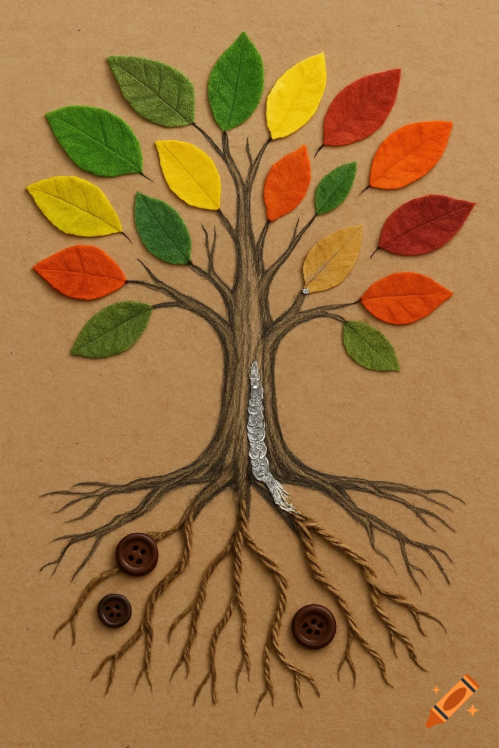 A mixed media illustration of a tree on brown paper, with drawn branches, felt leaves in green, yellow, orange, and red, twine roots, buttons, and foil on the trunk.