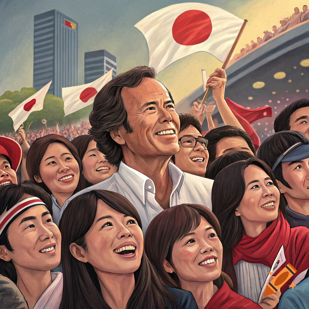 A large crowd of people, mostly Asian, look up and cheer while waving Japanese flags, with buildings and a stadium in the background.
