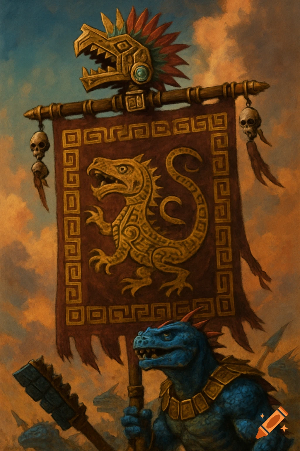 Blue lizard creature holds a fantasy war banner with a golden lizard design and ornate headpiece, painted style.