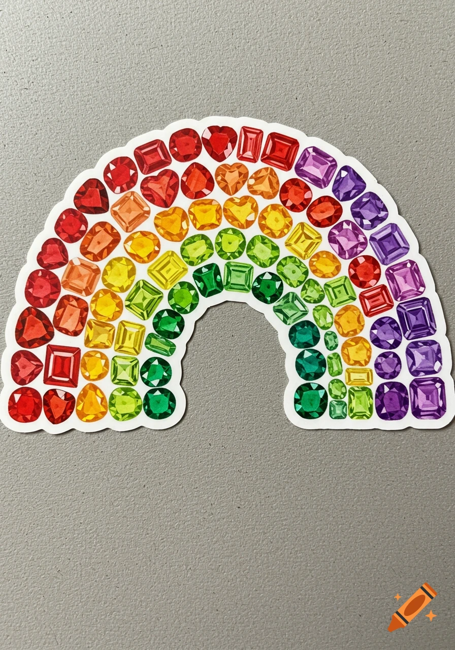 Vinyl sticker of a rainbow made of colorful gemstones in varying shapes on a grey background.
