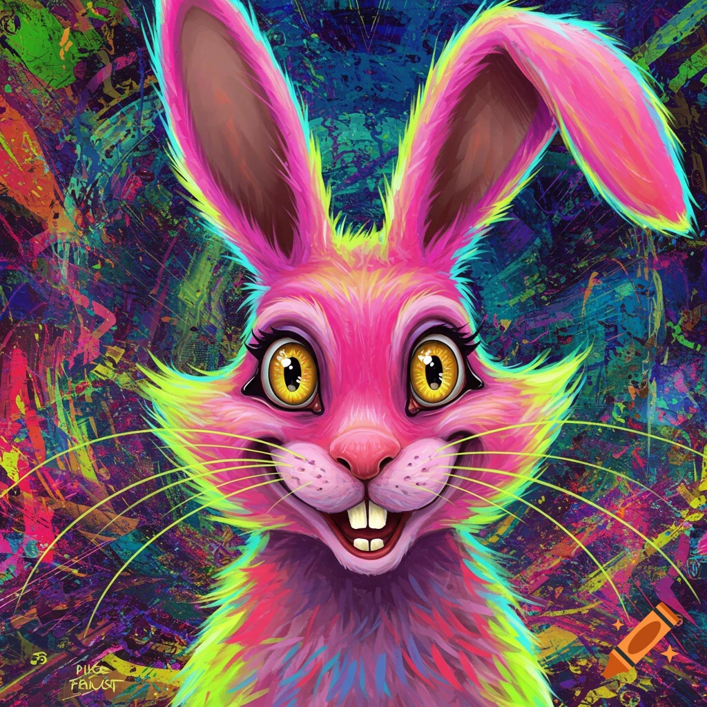 Vibrant pink rabbit with large yellow eyes and smile against a colorful abstract background, digital art.