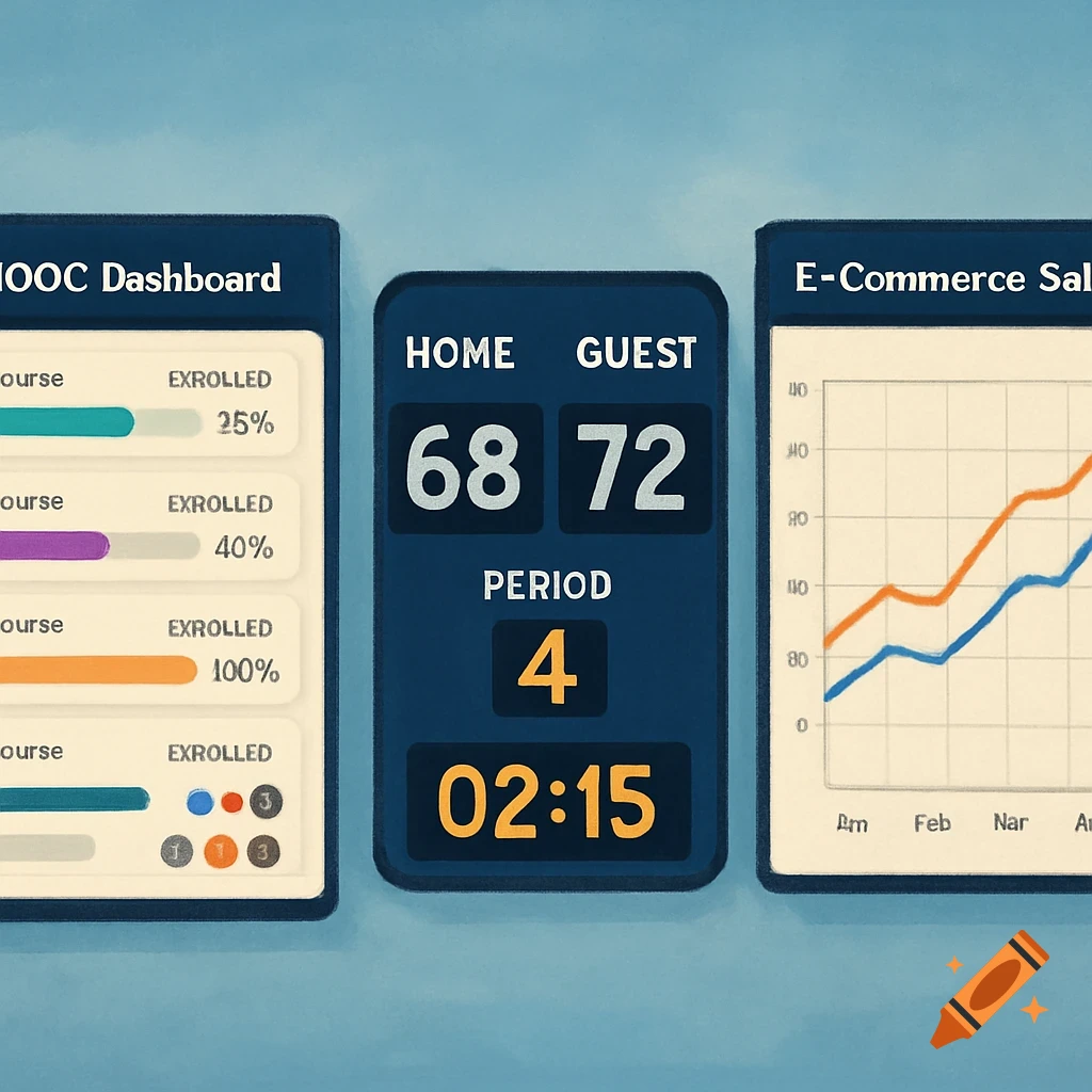 Three digital screens: a MOOC dashboard, a sports scoreboard with scores 68-72, and an e-commerce sales line graph.