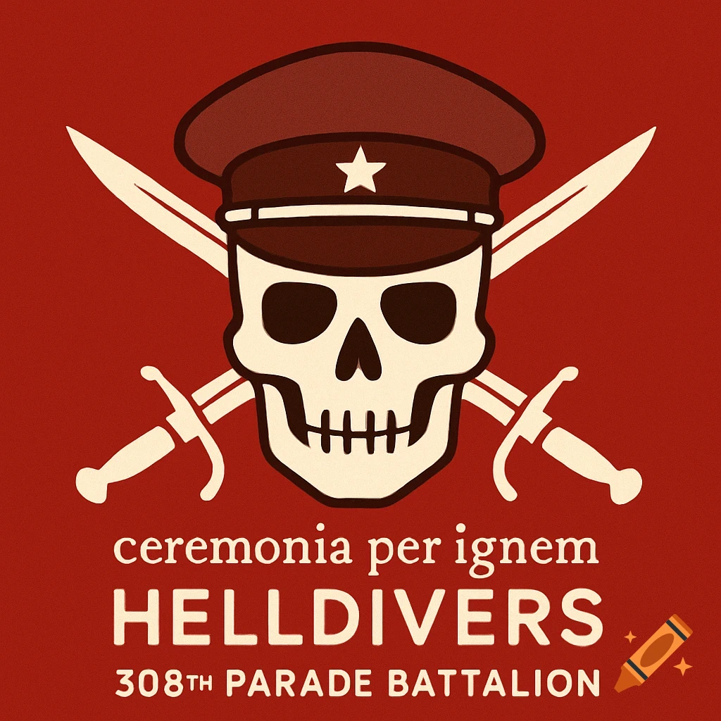 A red military badge with a skull wearing a cap and crossed swords, text below.