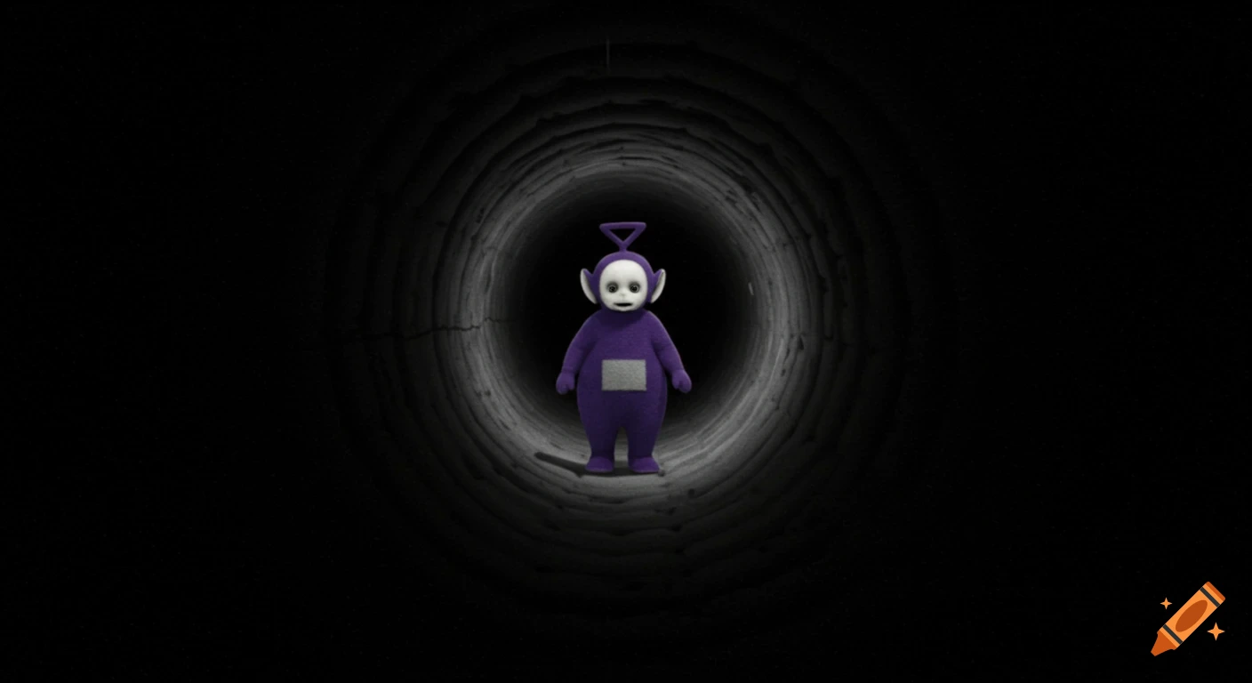 A purple Teletubby standing at the end of a deep, dark tunnel in a night vision style.