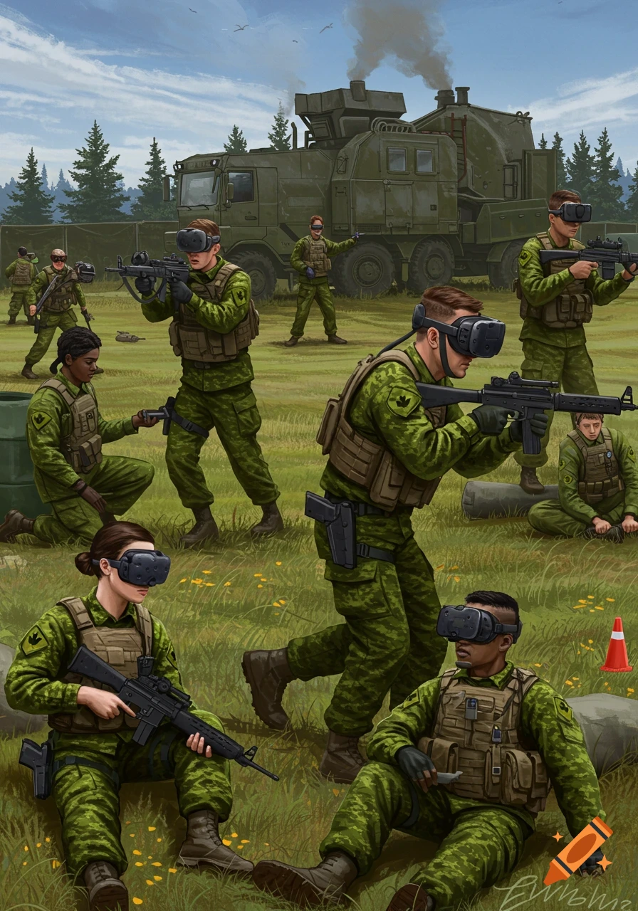Canadian soldiers wearing VR headsets train in an outdoor field with a large military vehicle.
