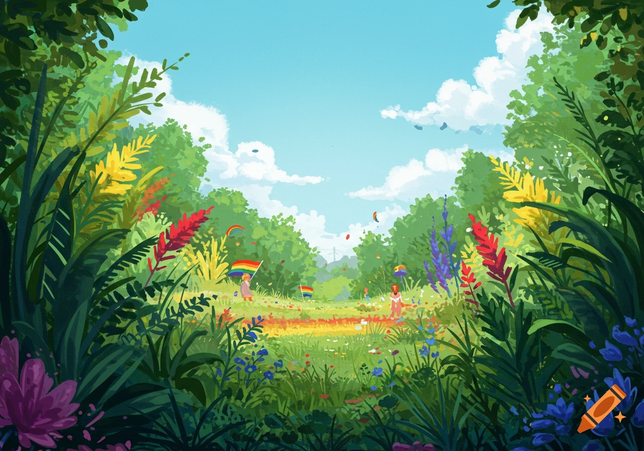 Lush forest clearing with people holding rainbow flags, illustration style