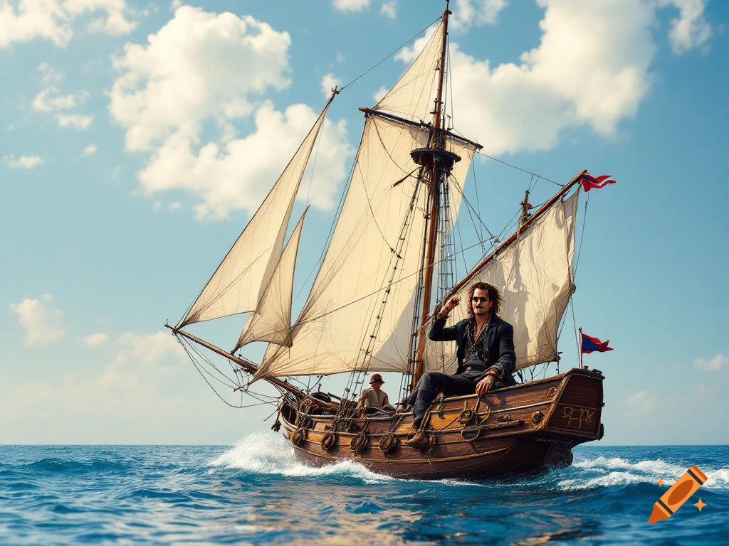 Man sailing on a wooden boat with sails on a wavy blue sea under a cloudy sky.