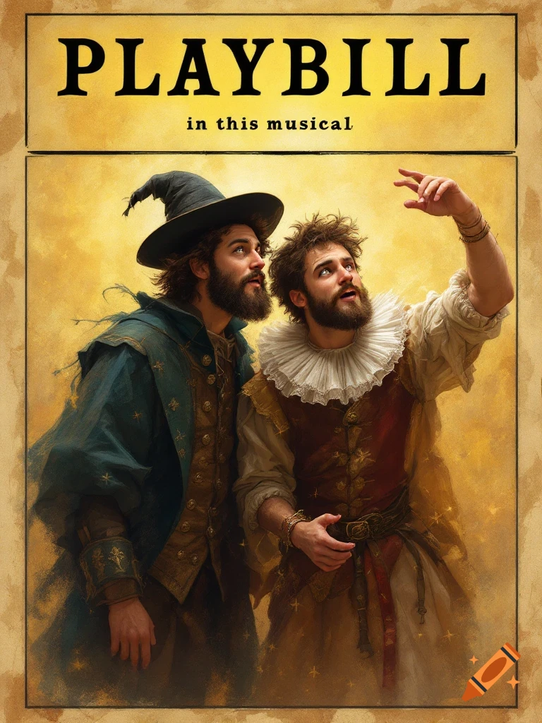 Playbill poster featuring two men in historical costumes looking up.