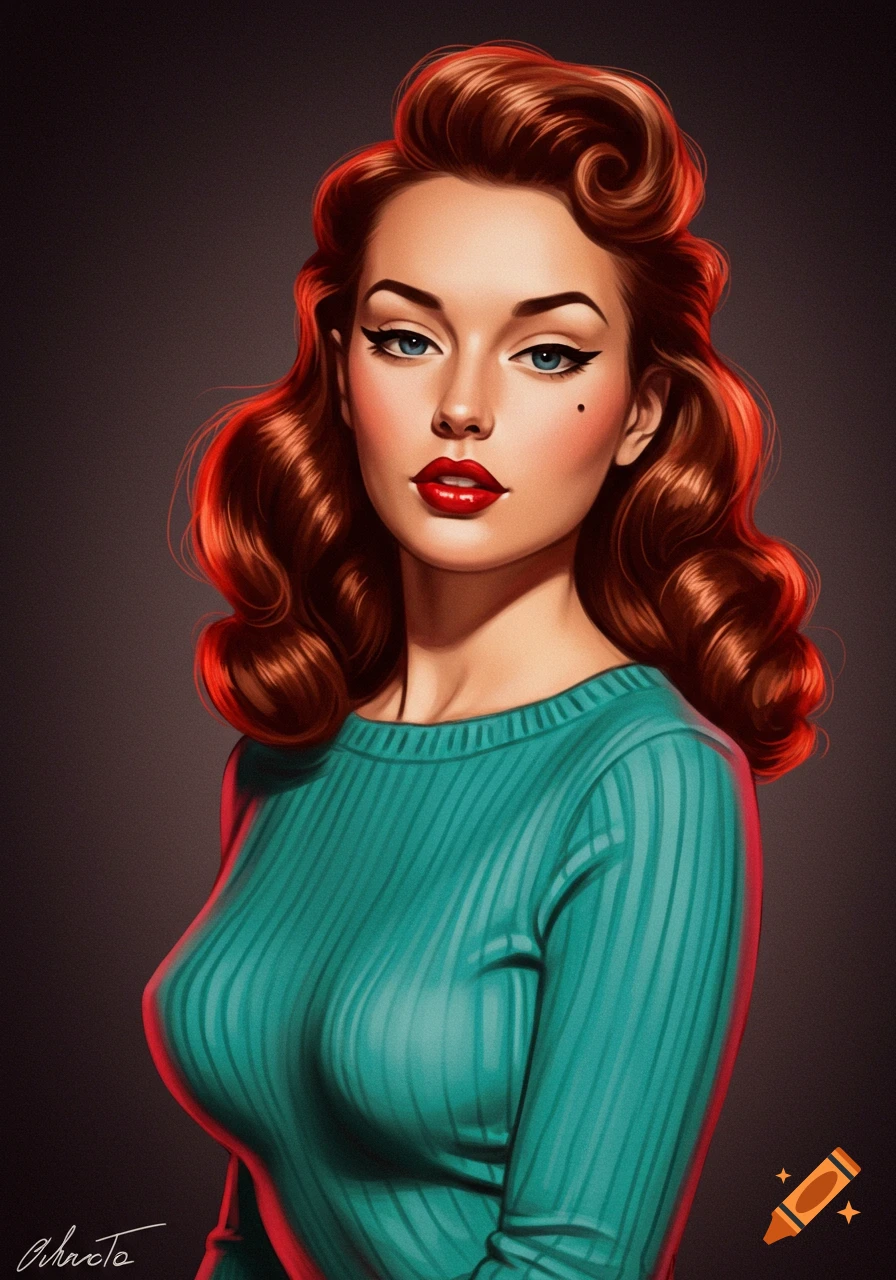 Pin-up style portrait of a woman with auburn hair, red lips, and a teal sweater.