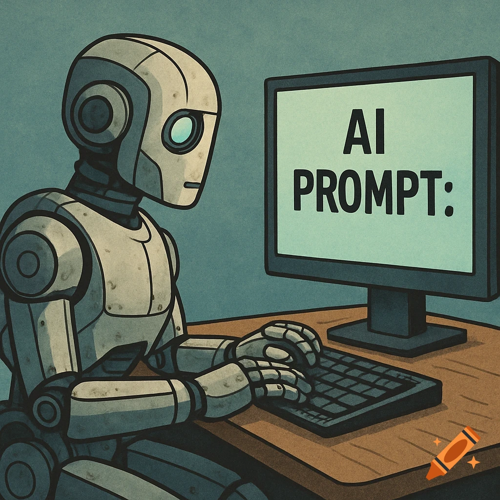 Bot Using Computer Mouse Cartoonise Cartoon illustration of a robot typing at a computer screen displaying ...