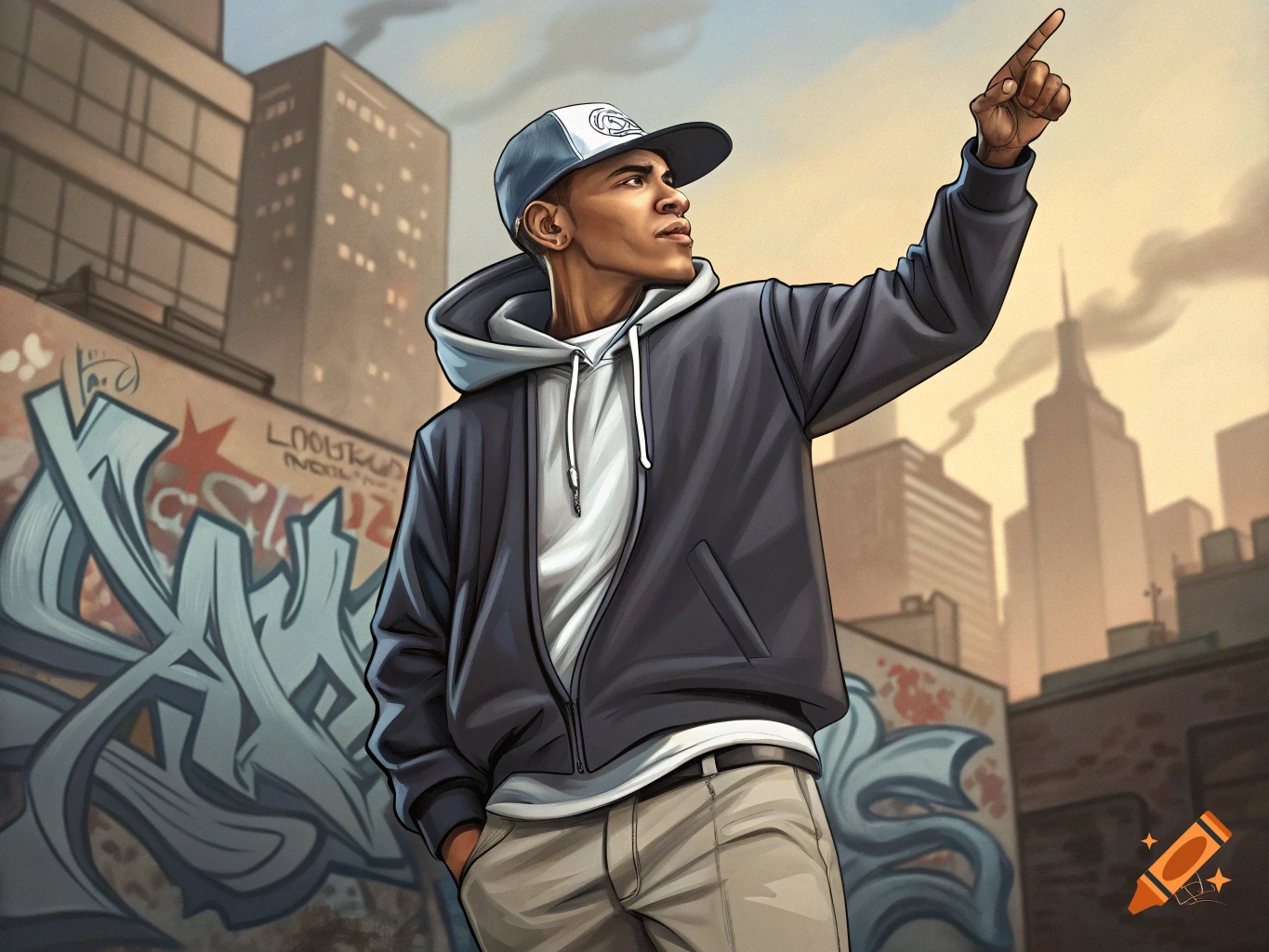Stylized illustration of a man resembling Barack Obama in a cap and hoodie, pointing up in an urban scene with graffiti.