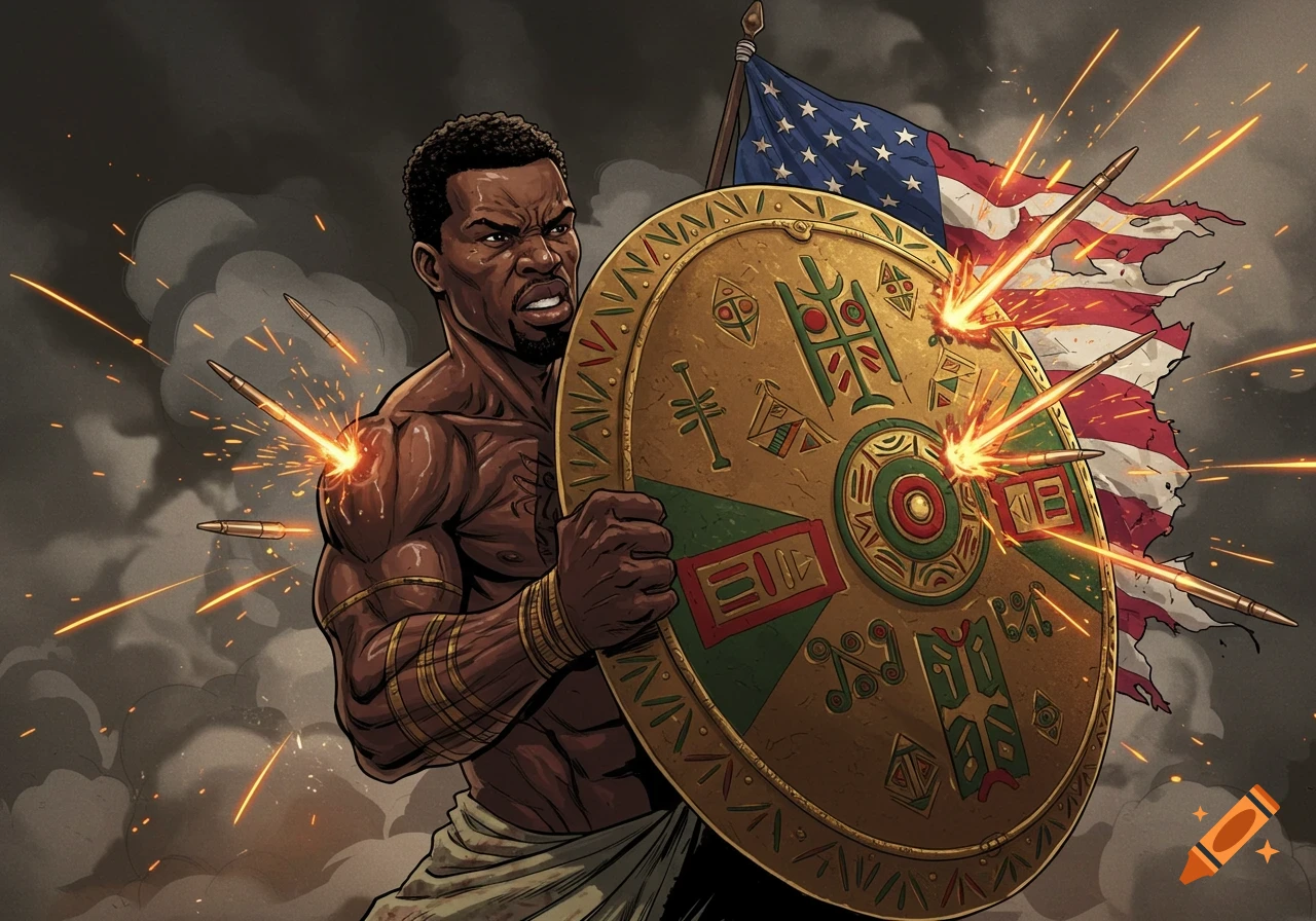 Comic art of a Black man defending American flag from bullets with a shield