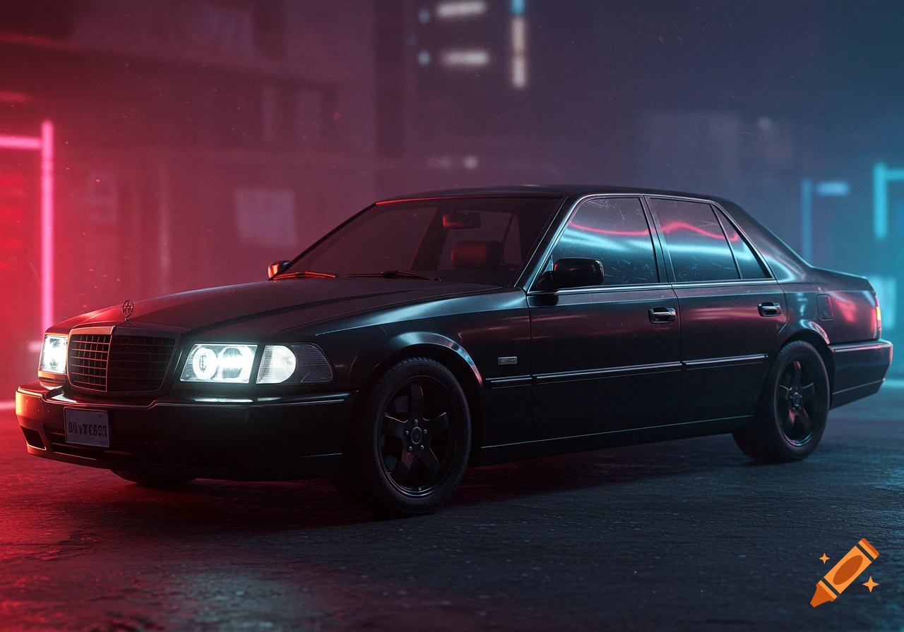 A black sedan car parked at night in a city street lit by red and blue neon lights.