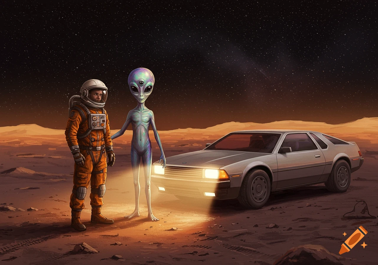 Illustration of an astronaut and an alien next to a car on a rocky, starry planet surface.