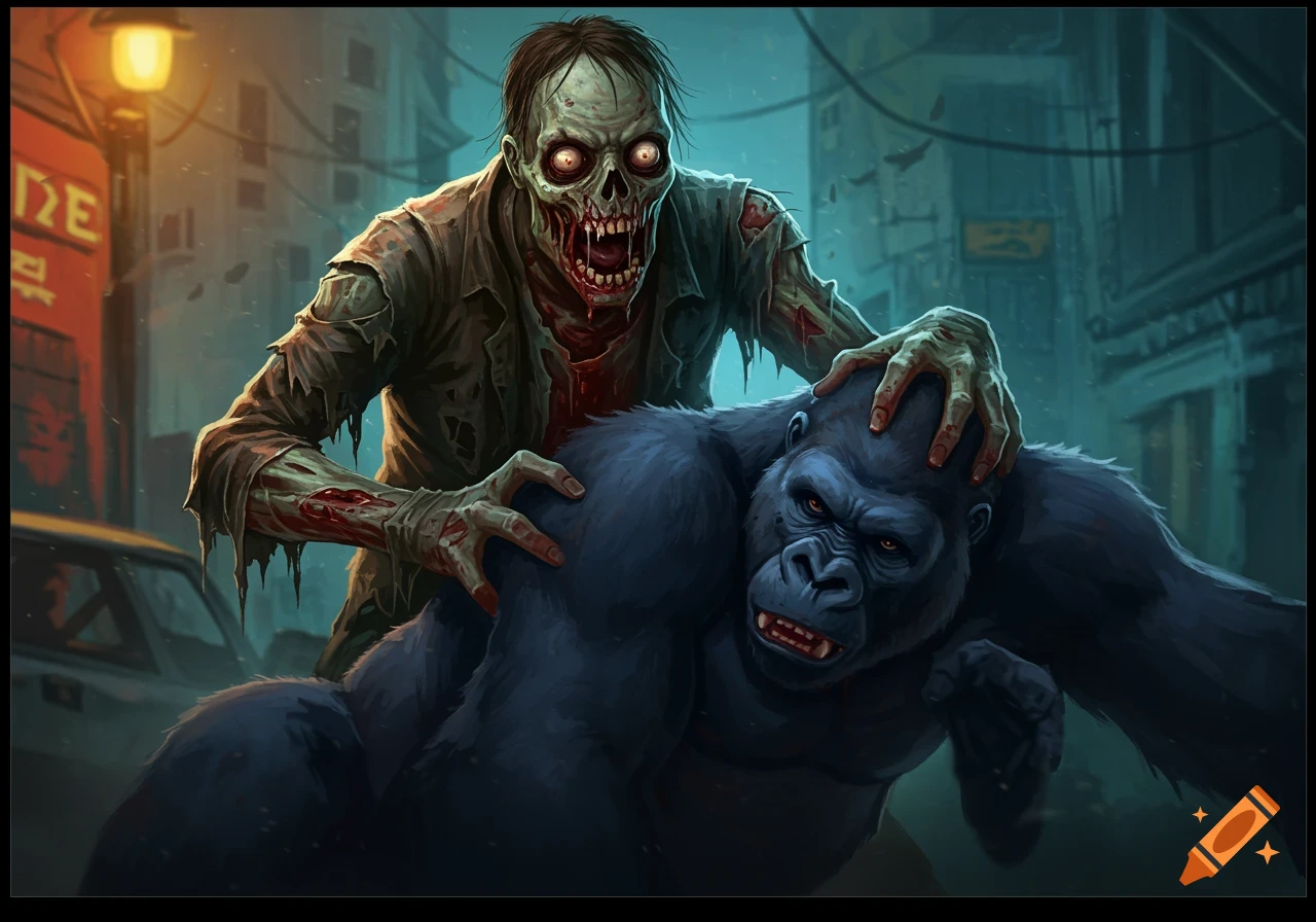 A zombie attacks a dark blue gorilla on a city street, digital illustration.