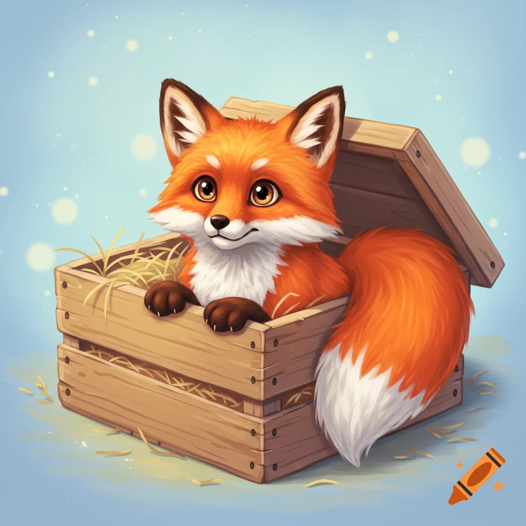 Cute cartoon illustration of an orange fox sitting in a wooden box filled with straw.