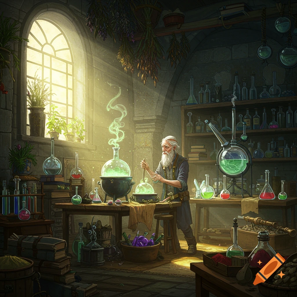 An old alchemist works on bubbling potions in a dimly lit laboratory filled with flasks and herbs.