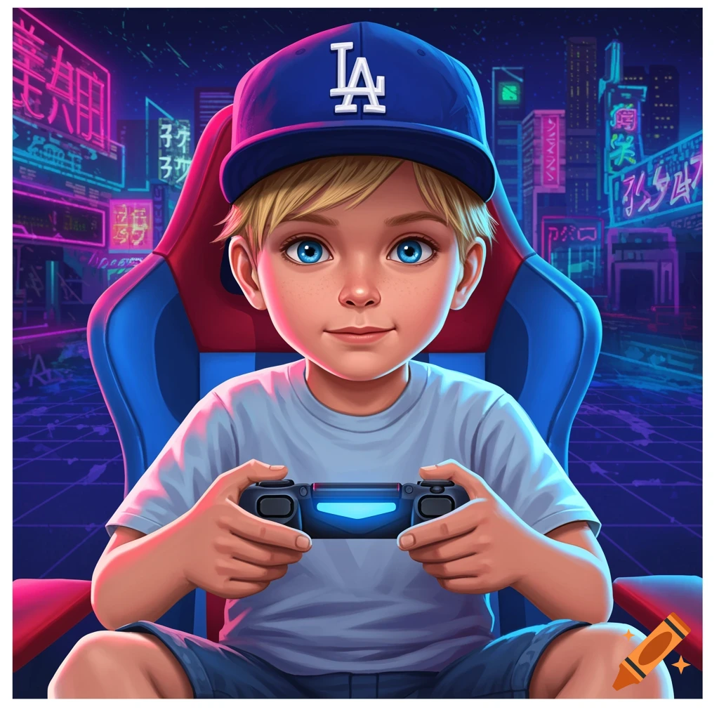 Illustration of a blond boy wearing a baseball cap and playing video games in a gaming chair in a cyberpunk city.
