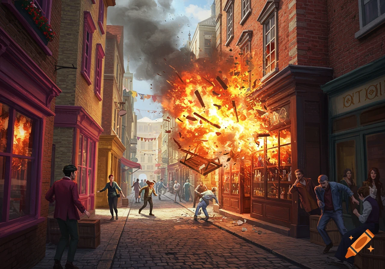 An explosion bursts from a shop window on a busy street, sending people ...
