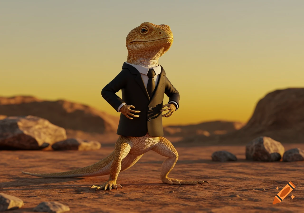 A stylish lizard in a black suit stands in a desert at sunset.