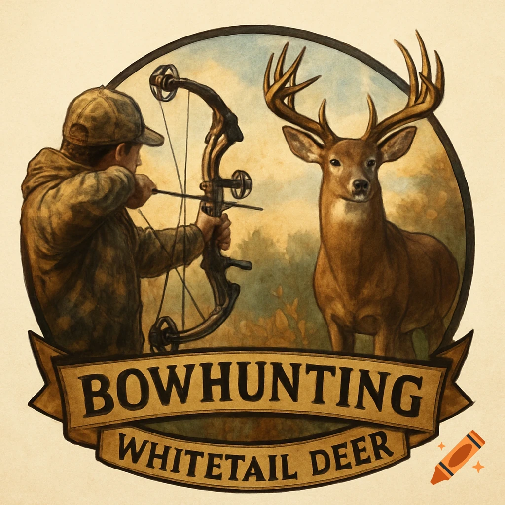Illustration logo featuring a man bowhunting a whitetail deer and text "BOWHUNTING WHITETAIL DEER".