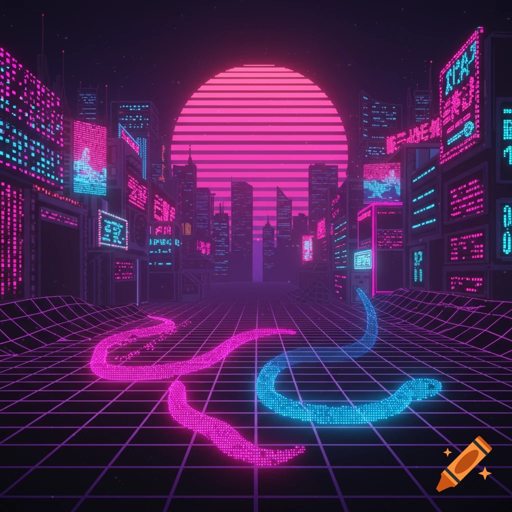 Synthwave cyberpunk cityscape with glowing pink and blue pixel snakes on a grid ground
