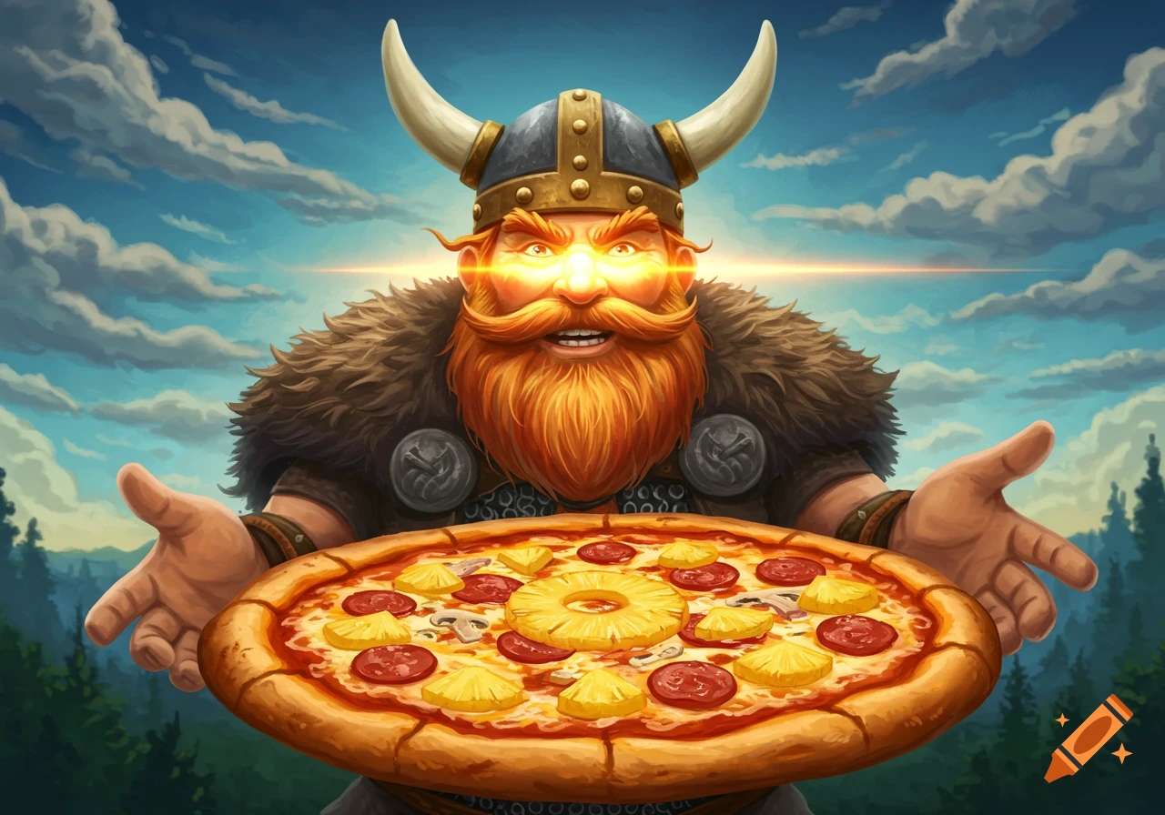 An illustration of a viking with glowing eyes holding a pineapple and pepperoni pizza.