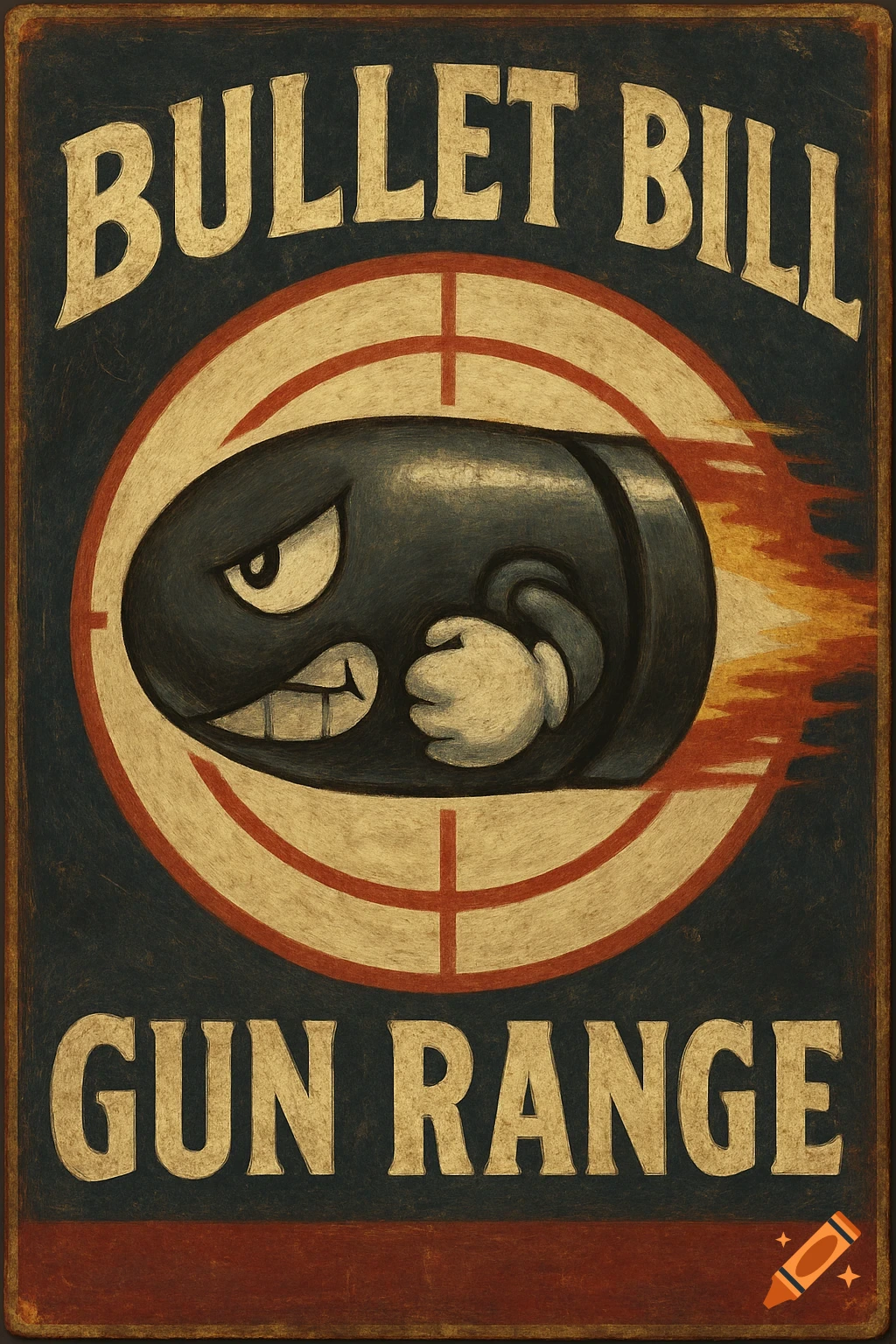 Stylized poster of Bullet Bill character in a target reticle, reading BULLET BILL GUN RANGE.