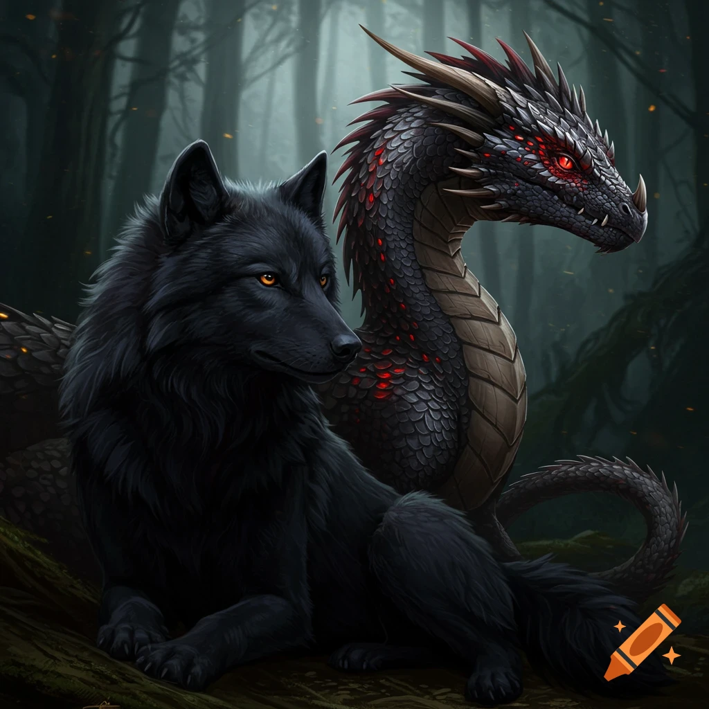 A black wolf sits next to a black dragon in a dark forest.
