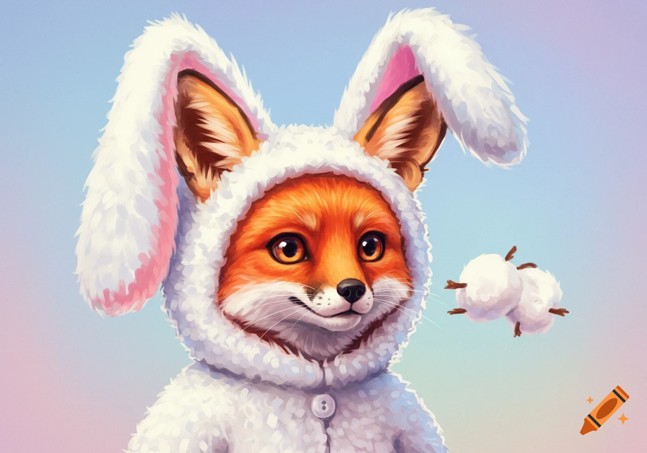 A cute fox wearing a white bunny costume