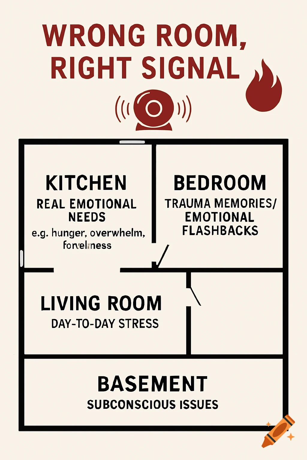 Diagram of a house floorplan labeled with emotional states and issues.