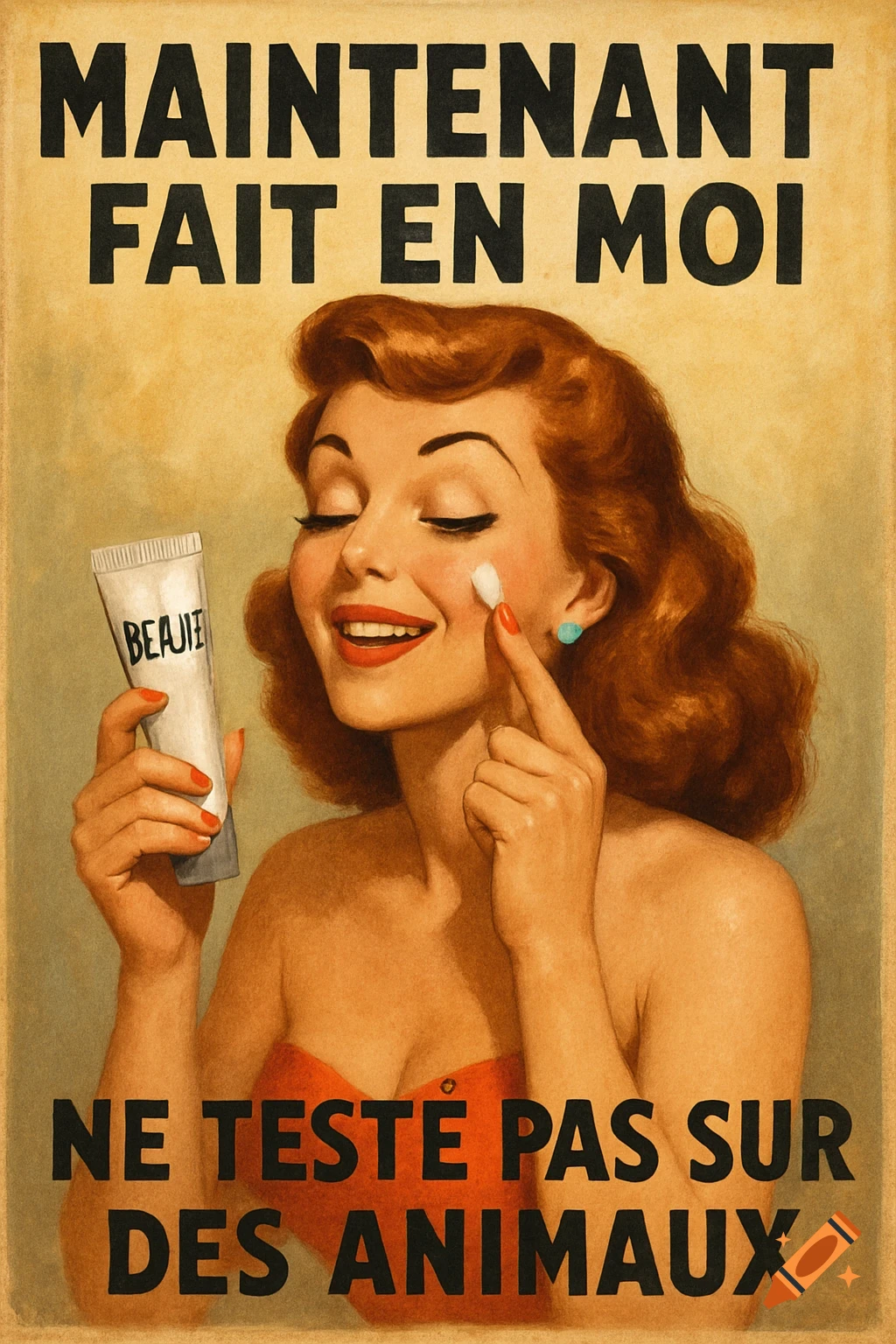 Vintage poster illustration of a woman applying cream, with text above and below.