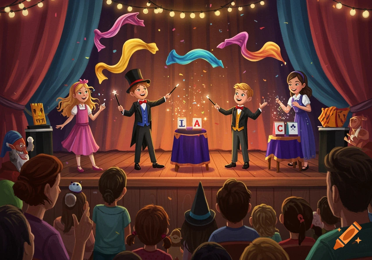 Illustration of children performing a magic show on a stage with props and confetti falling in front of an audience.
