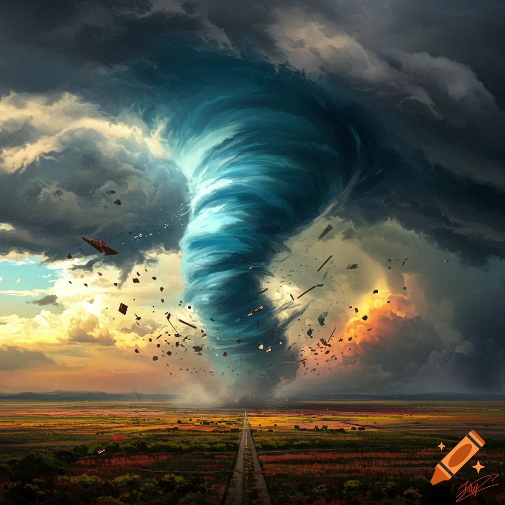 A large, dramatic tornado rips through a field with debris flying.