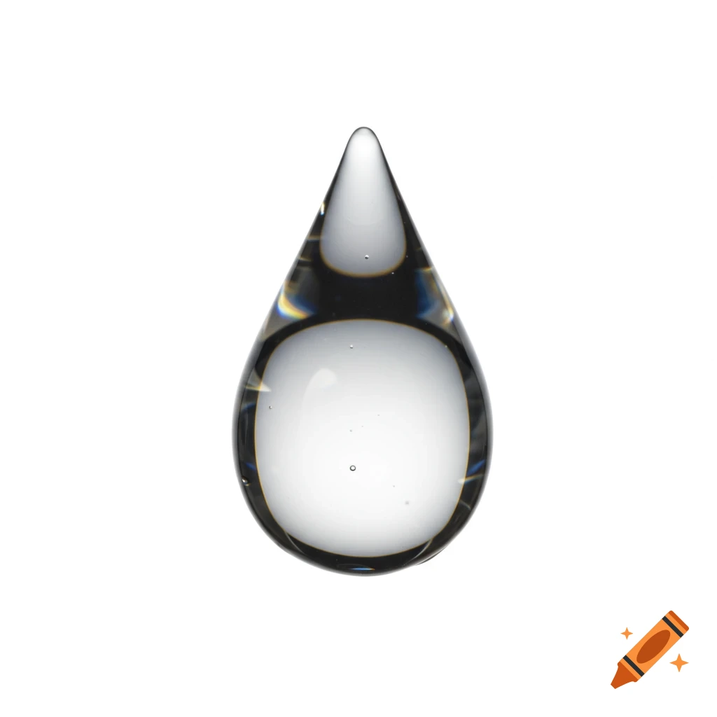 A realistic clear water droplet hangs against a white background.