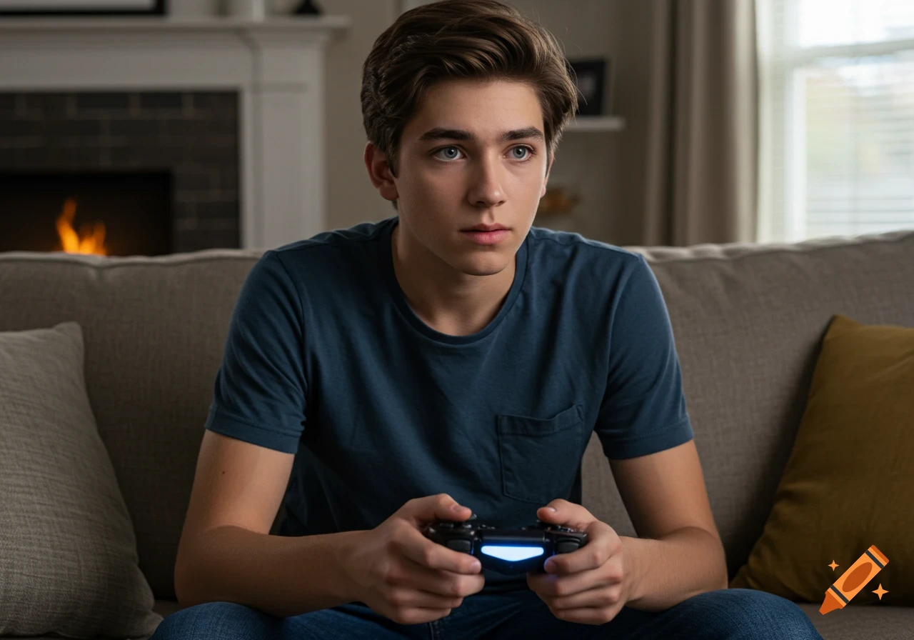 Teenage boy playing a video game on a couch with a controller, looking focused