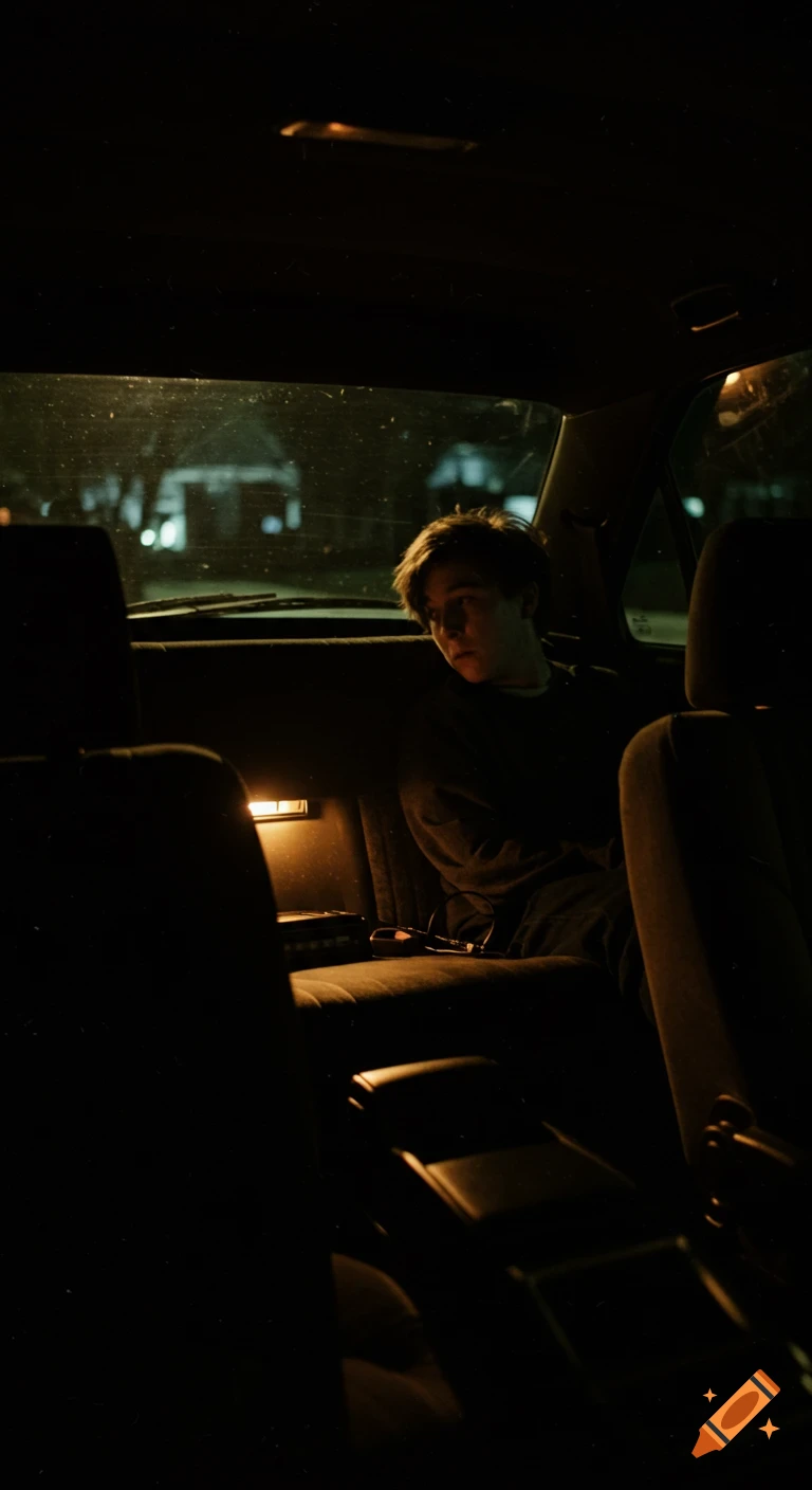 Person sitting in the back seat of a dark car at night