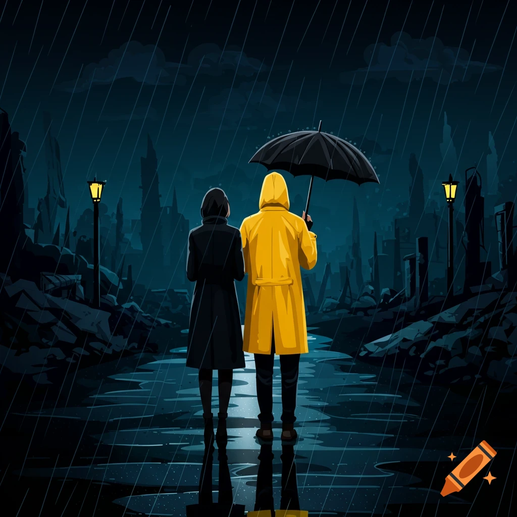 Two people in raincoats with an umbrella walk away from the viewer in a rainy ruined city at night.