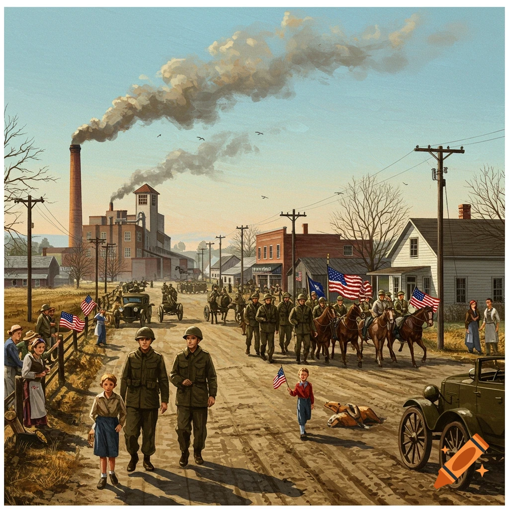 Illustration of soldiers marching in a small town during World War Two, watched by civilians.