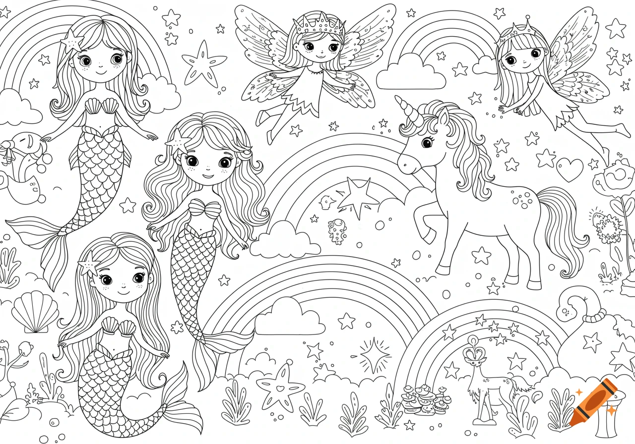 Black and white line art coloring page with mermaids, fairies, unicorn, and rainbows.