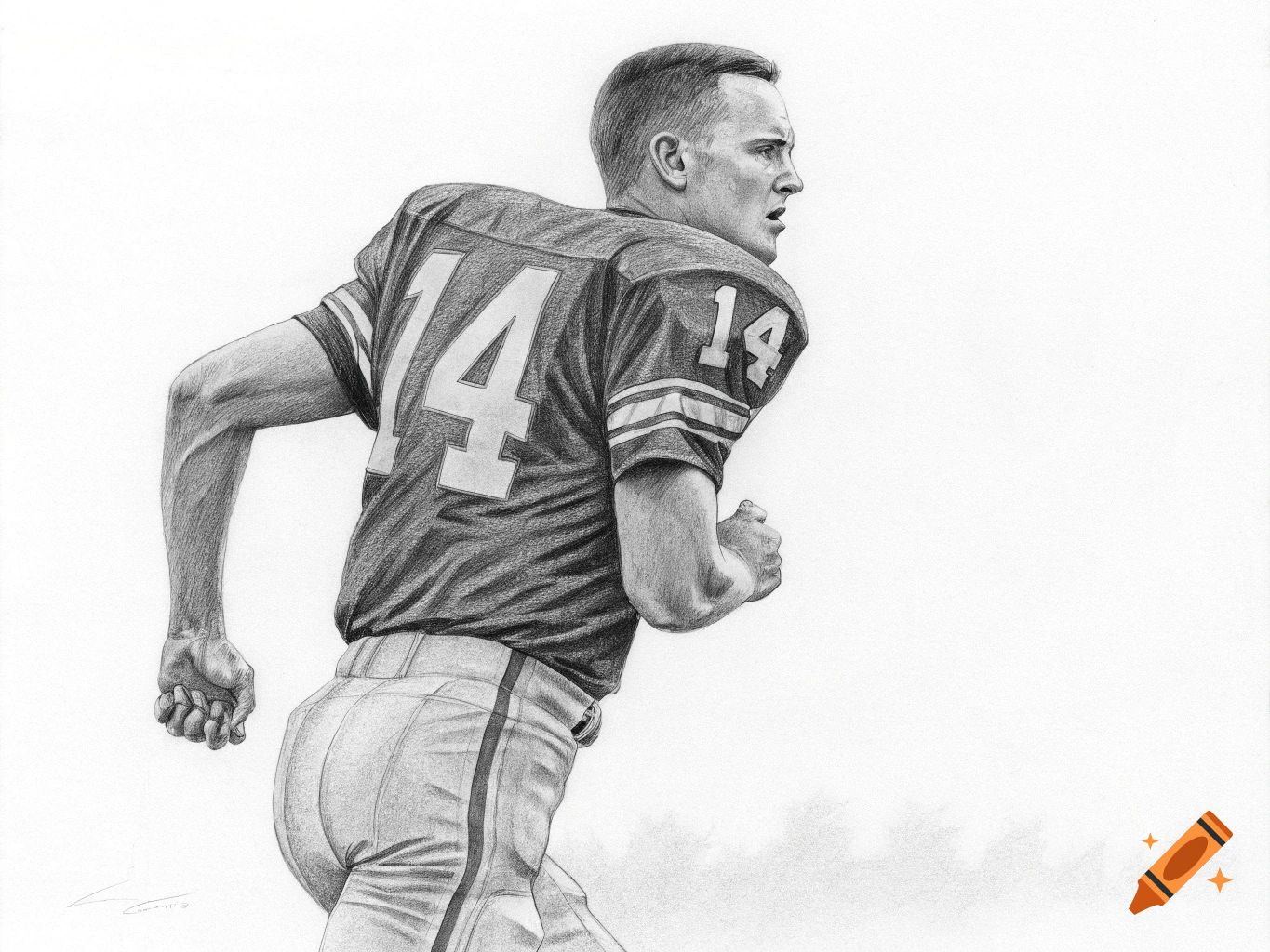 Pencil drawing of a football player in uniform running away.