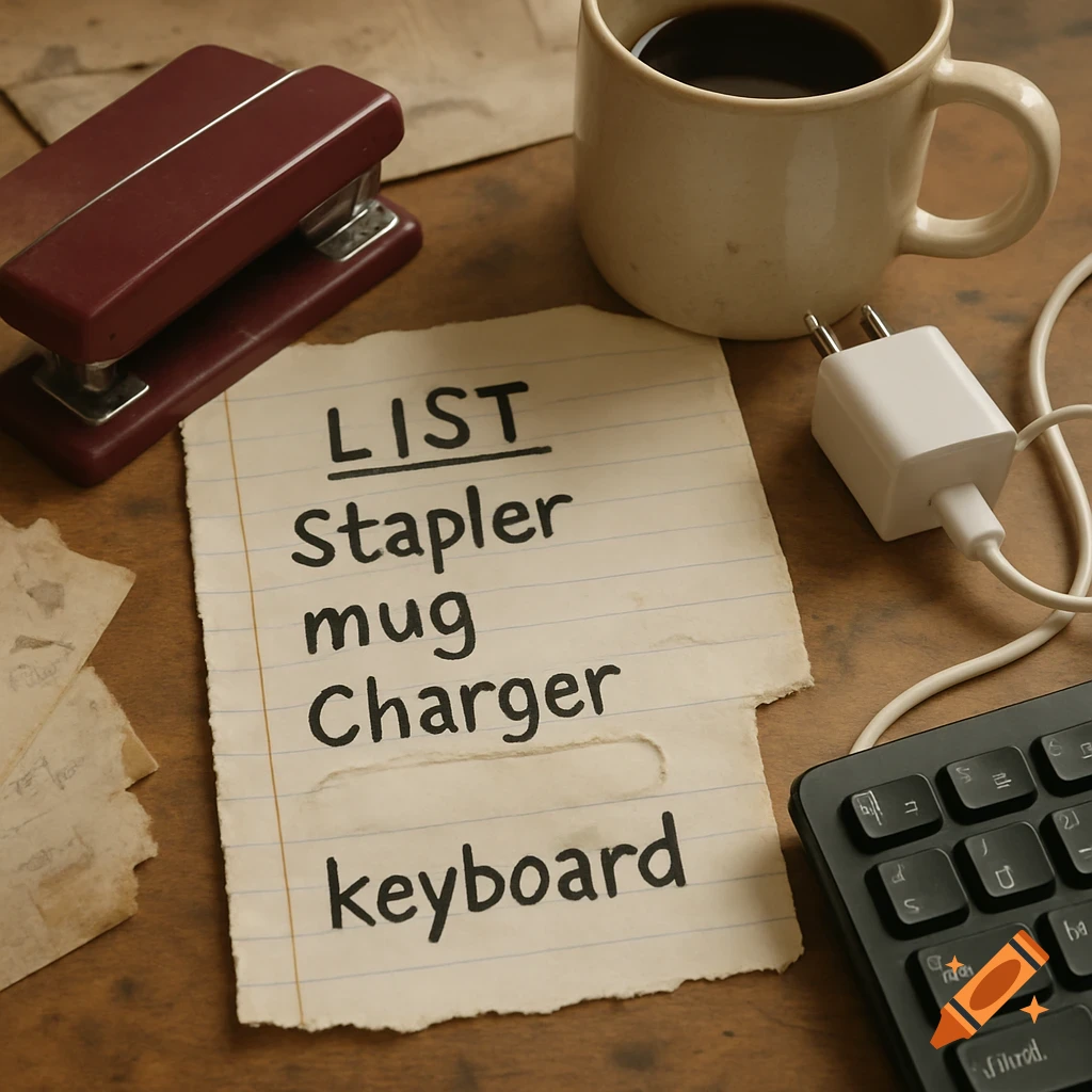 A still life photo of a messy work desk with a list written on a ripped piece of paper, a stapler, a mug of coffee, a charger, and a keyboard.