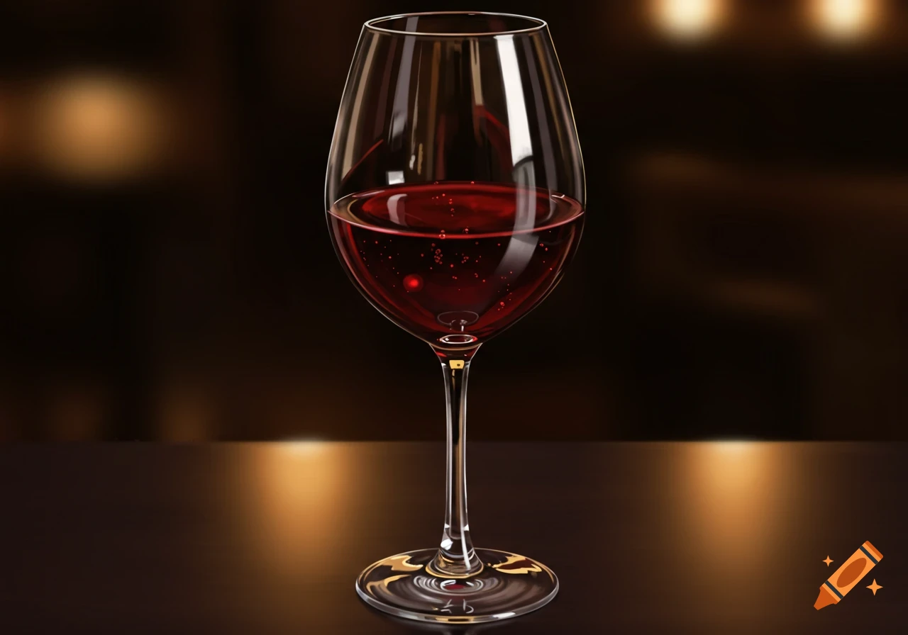 A full glass of red wine on a dark table.