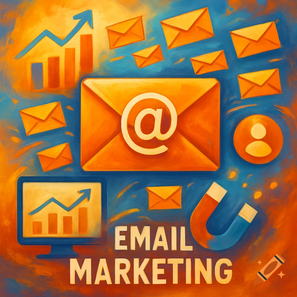 Illustration of email marketing concepts: envelopes, charts, computer screen, magnet, and text 'EMAIL MARKETING' in a painterly style.