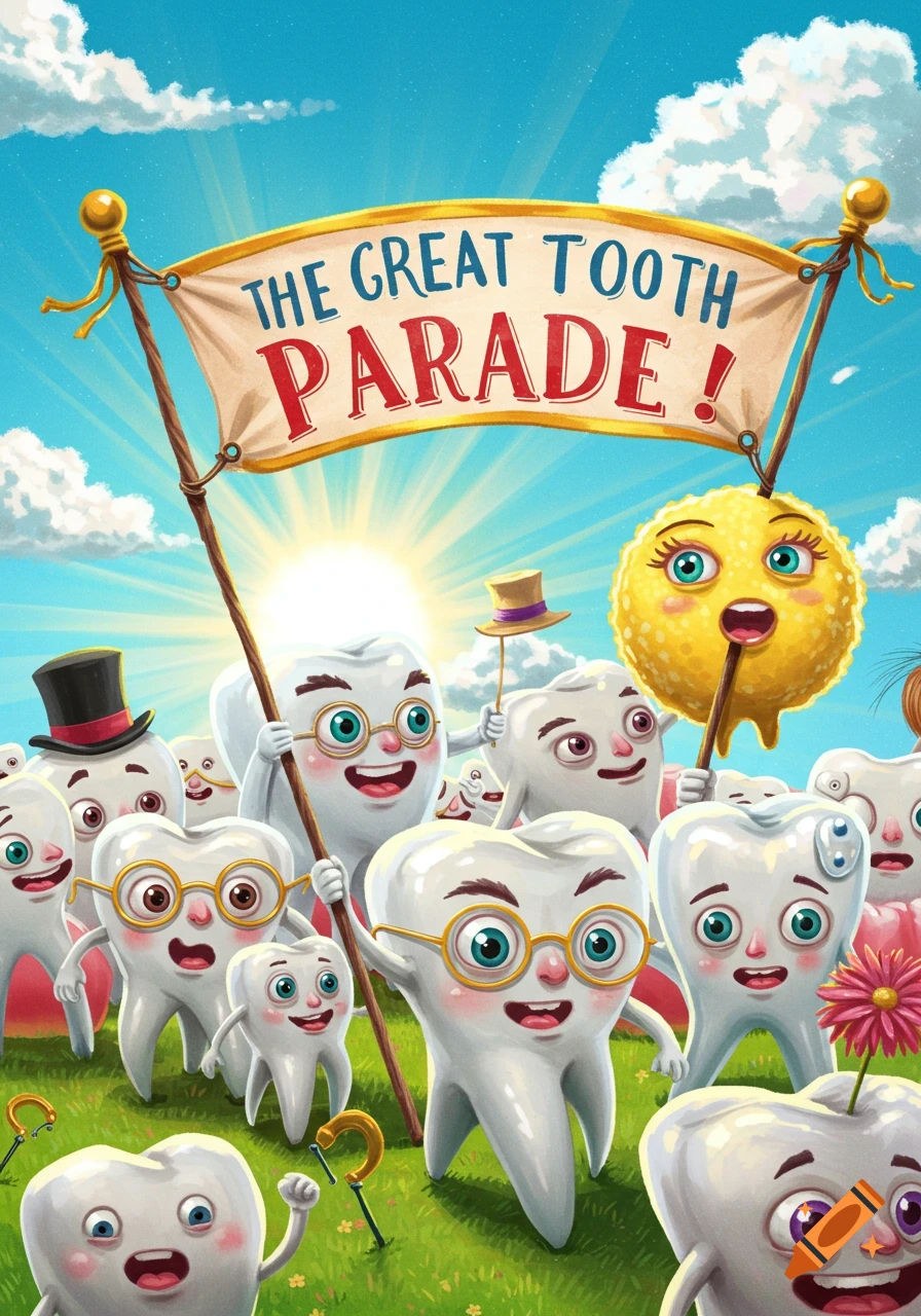 A cartoon illustration of a parade of anthropomorphic teeth marching under a banner that reads 'THE GREAT TOOTH PARADE!'