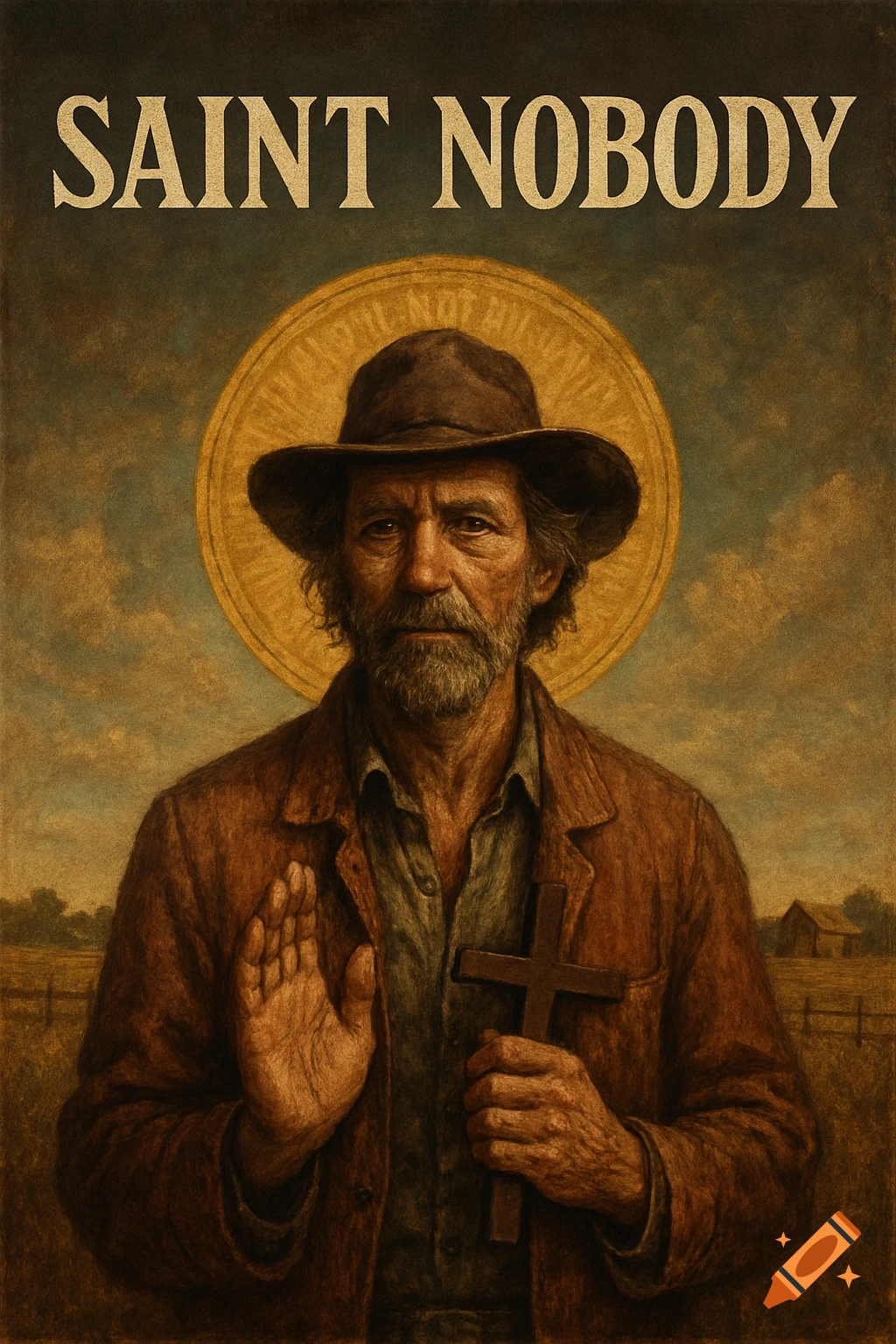 Stylized portrait of a man with a hat, beard, and halo, holding a cross. Text reads SAINT NOBODY.