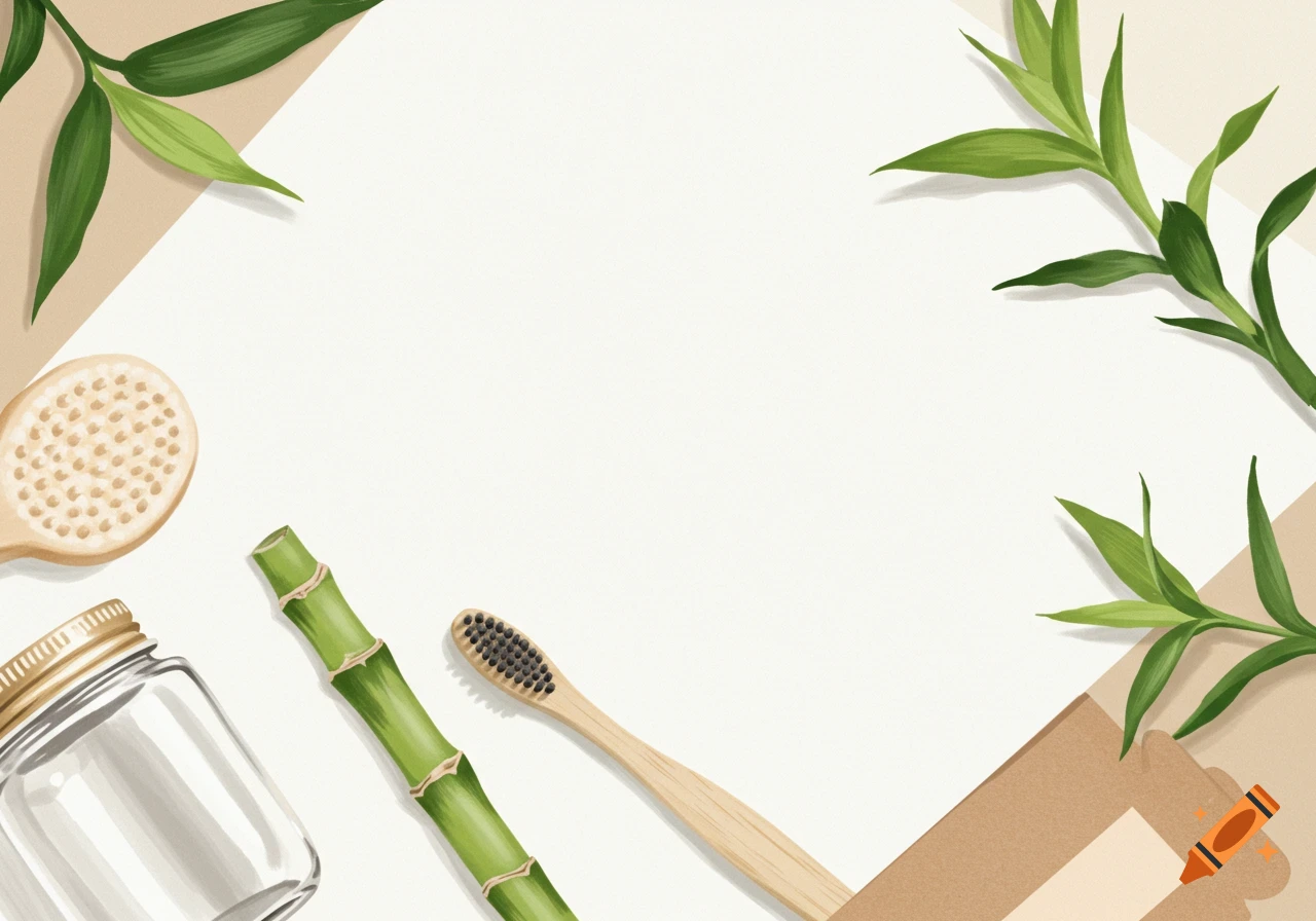 Illustration of bamboo toothbrush, jar, and leaves on white background.