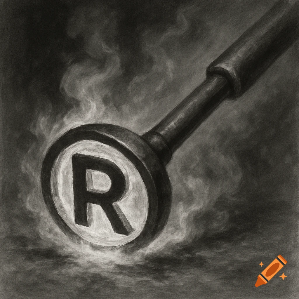 Black and white drawing of a branding iron with the letter R, wreathed in smoke