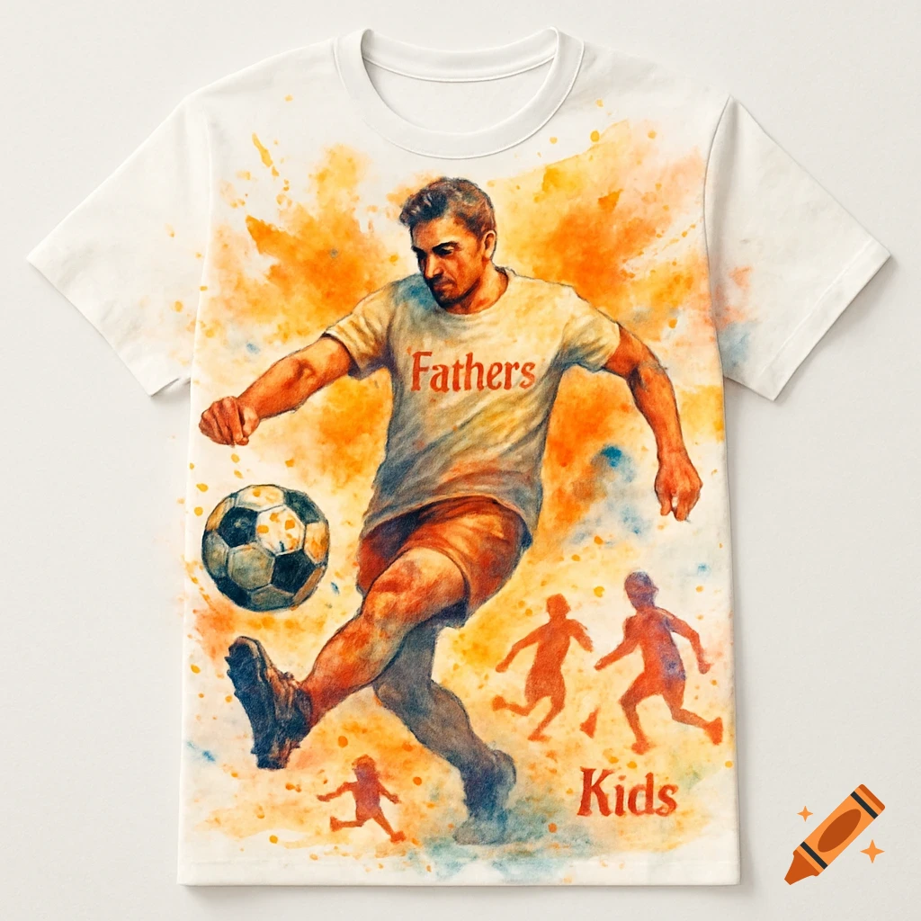 Watercolor t-shirt design of a father playing soccer with kids